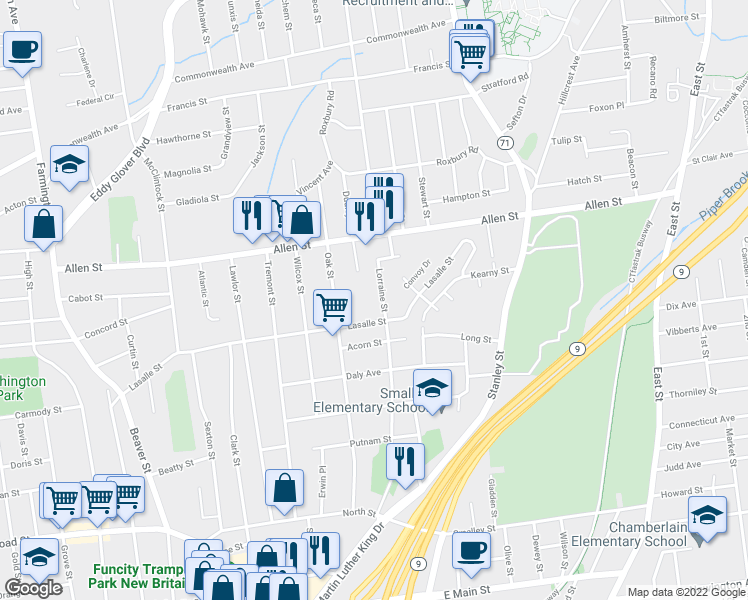 map of restaurants, bars, coffee shops, grocery stores, and more near 36 Lorraine Street in New Britain