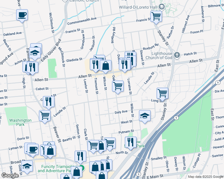 map of restaurants, bars, coffee shops, grocery stores, and more near 121 Wilcox Street in New Britain