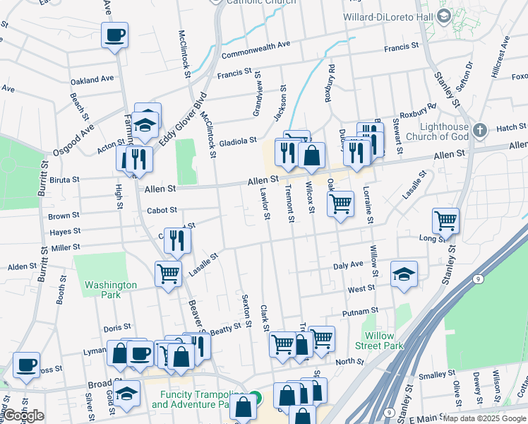 map of restaurants, bars, coffee shops, grocery stores, and more near 243 Lawlor Street in New Britain