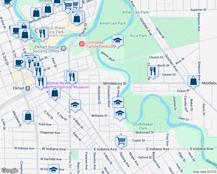 map of restaurants, bars, coffee shops, grocery stores, and more near 616 Aspenwald Avenue in Elkhart