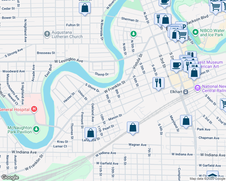 map of restaurants, bars, coffee shops, grocery stores, and more near 800 West Marion Street in Elkhart