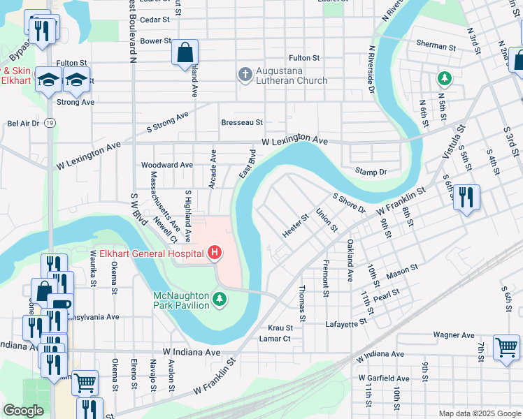 map of restaurants, bars, coffee shops, grocery stores, and more near 121 Nadel Avenue in Elkhart