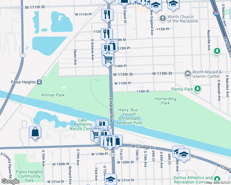 map of restaurants, bars, coffee shops, grocery stores, and more near 7158 116th Street in Worth