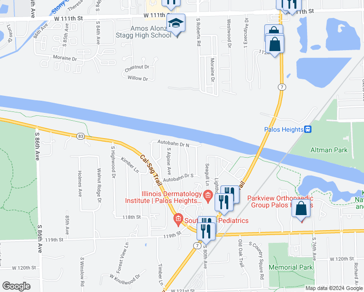 map of restaurants, bars, coffee shops, grocery stores, and more near 11517 South Vienna Avenue in Palos Park