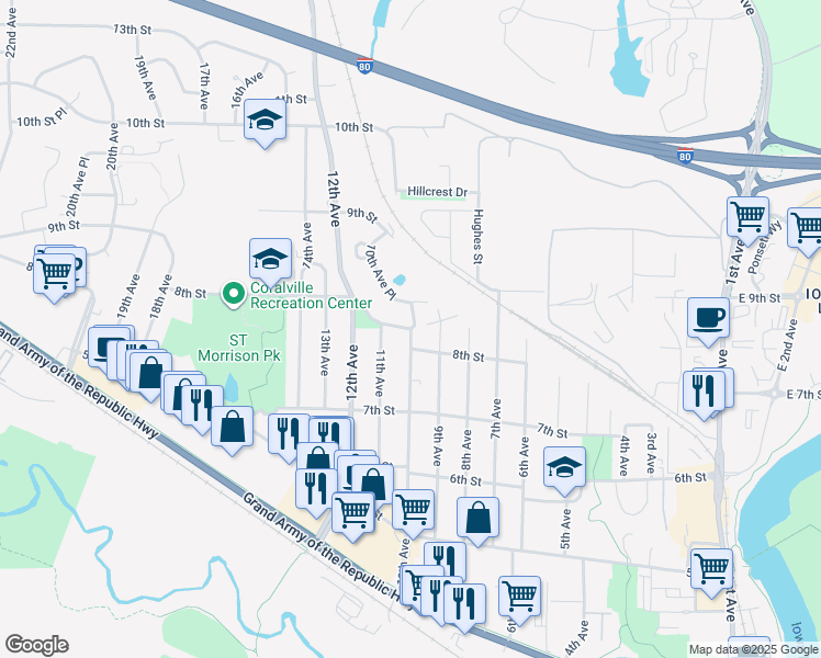 map of restaurants, bars, coffee shops, grocery stores, and more near 803 10th Avenue in Coralville