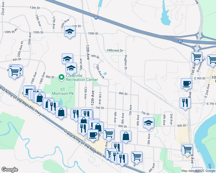 map of restaurants, bars, coffee shops, grocery stores, and more near 900 10th Avenue in Coralville