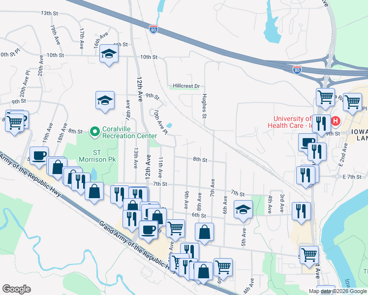 map of restaurants, bars, coffee shops, grocery stores, and more near 808 9th Avenue in Coralville