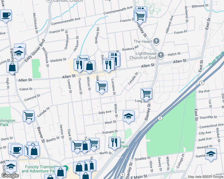 map of restaurants, bars, coffee shops, grocery stores, and more near 50 Lorraine Street in New Britain