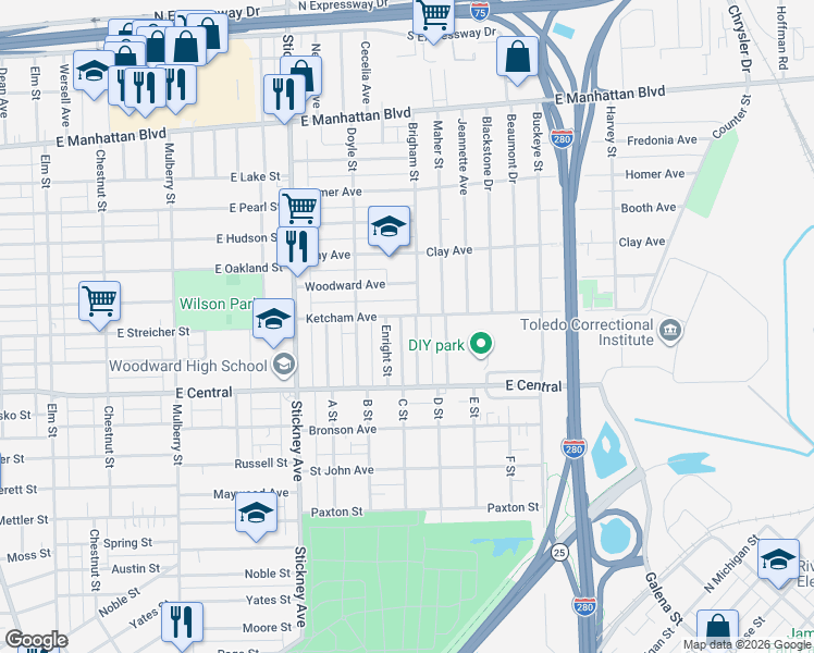 map of restaurants, bars, coffee shops, grocery stores, and more near 3148 Brigham Street in Toledo