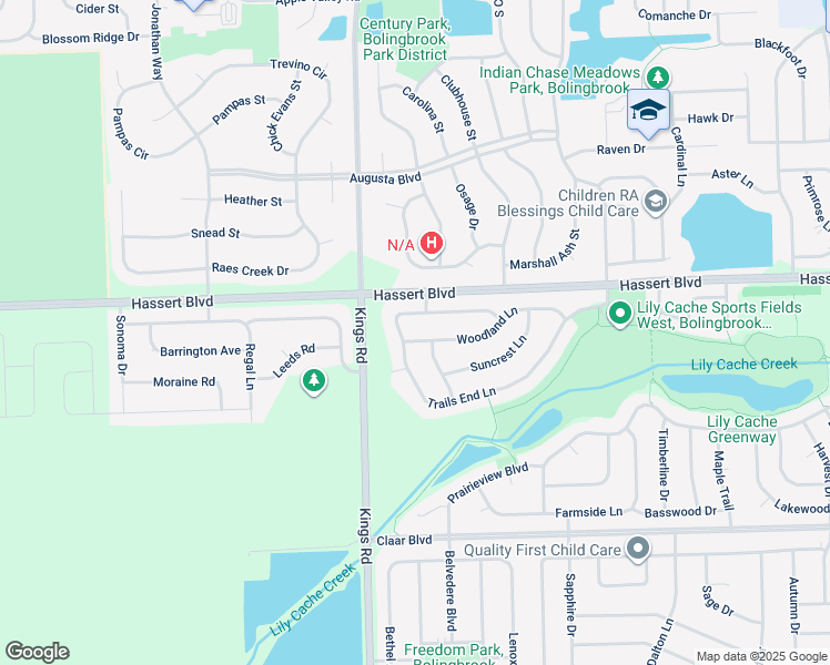 map of restaurants, bars, coffee shops, grocery stores, and more near 1612 Woodland Lane in Bolingbrook