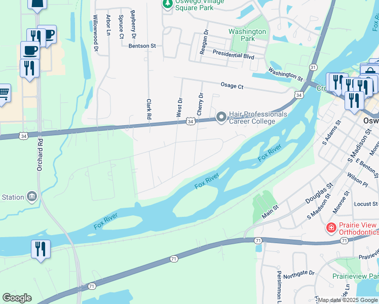 map of restaurants, bars, coffee shops, grocery stores, and more near 34 South Cherry Drive in Oswego