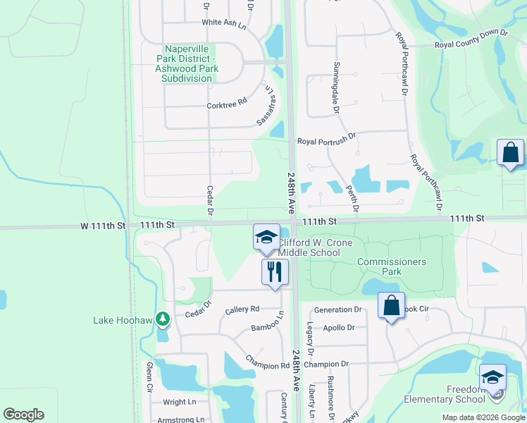 map of restaurants, bars, coffee shops, grocery stores, and more near 24844 111th Street in Naperville