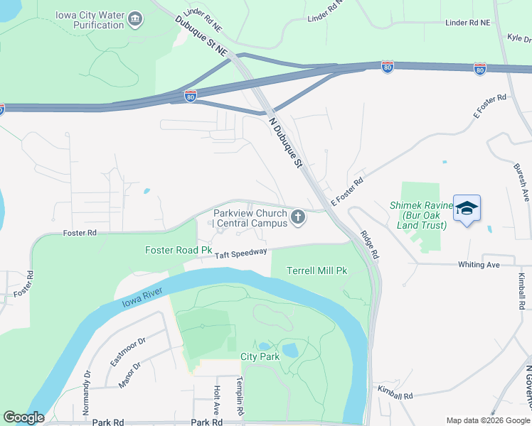 map of restaurants, bars, coffee shops, grocery stores, and more near 32 Camborne Circle in Iowa City