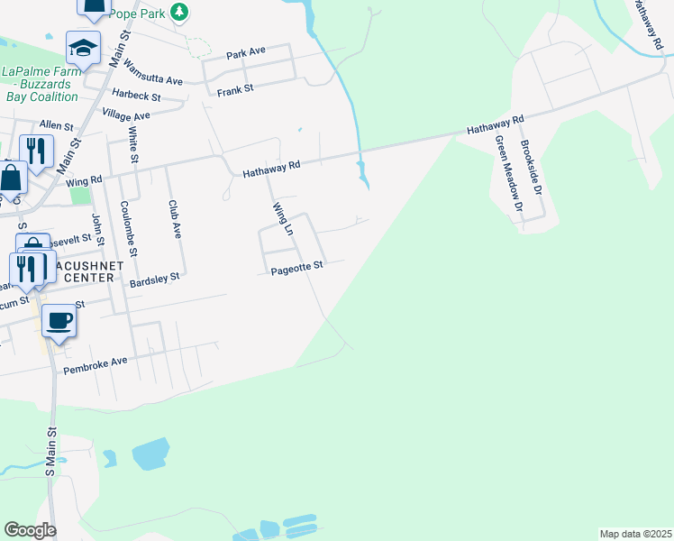 map of restaurants, bars, coffee shops, grocery stores, and more near 92 Pageotte Street in Acushnet