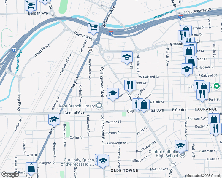 map of restaurants, bars, coffee shops, grocery stores, and more near 3221 Cambridge Street in Toledo