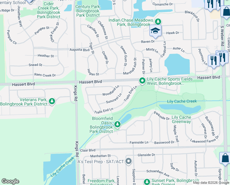 map of restaurants, bars, coffee shops, grocery stores, and more near 1579 Woodland Lane in Bolingbrook
