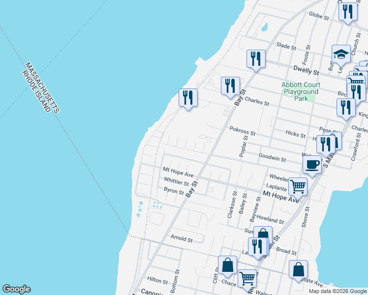 map of restaurants, bars, coffee shops, grocery stores, and more near 56 Moorland Street in Fall River