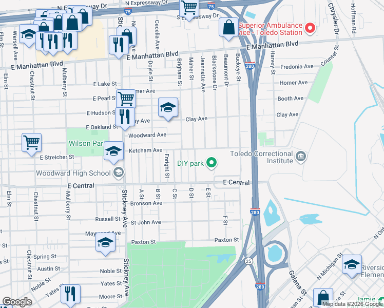 map of restaurants, bars, coffee shops, grocery stores, and more near 3148 Brigham Street in Toledo