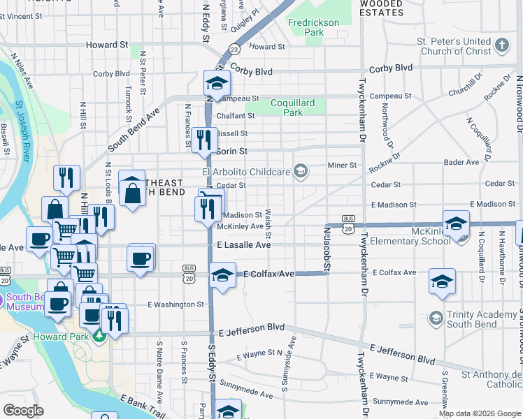 map of restaurants, bars, coffee shops, grocery stores, and more near 1224 East Madison Street in South Bend