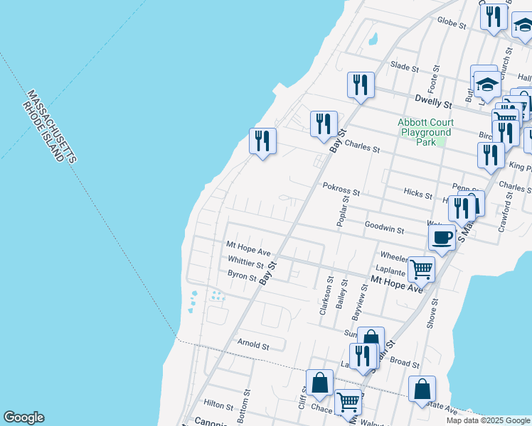 map of restaurants, bars, coffee shops, grocery stores, and more near 163 Woodman Street in Fall River