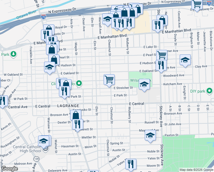 map of restaurants, bars, coffee shops, grocery stores, and more near 430 East Streicher Street in Toledo
