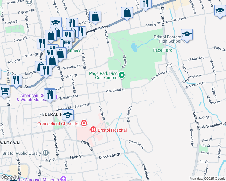 map of restaurants, bars, coffee shops, grocery stores, and more near Woodland Street in Bristol
