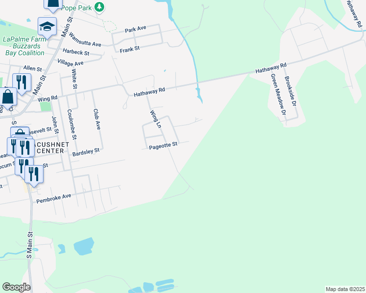 map of restaurants, bars, coffee shops, grocery stores, and more near 92 Pageotte Street in Acushnet