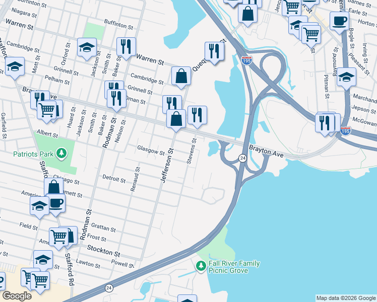 map of restaurants, bars, coffee shops, grocery stores, and more near 110 Stevens Street in Fall River