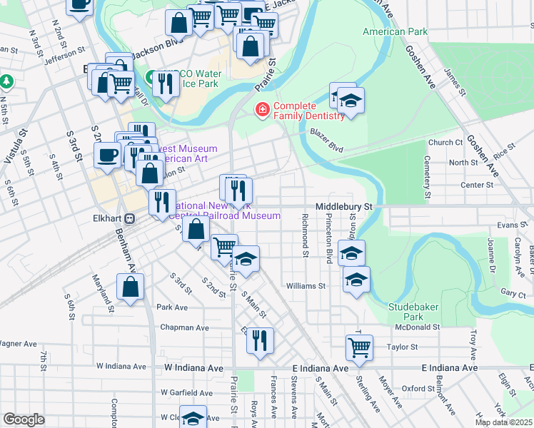 map of restaurants, bars, coffee shops, grocery stores, and more near 415 Middlebury Street in Elkhart