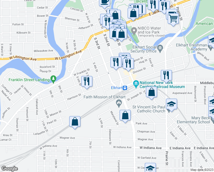 map of restaurants, bars, coffee shops, grocery stores, and more near 317 Harrison Street in Elkhart