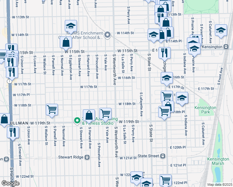 map of restaurants, bars, coffee shops, grocery stores, and more near 11725 South Wentworth Avenue in Chicago