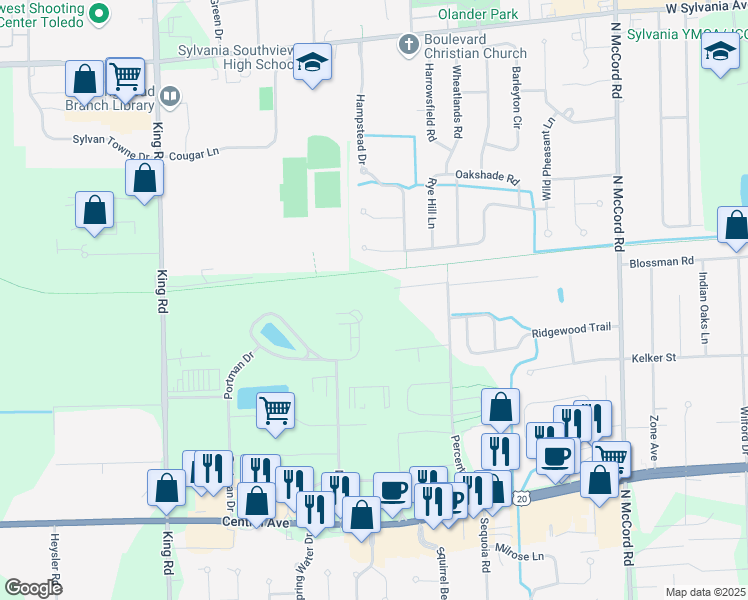 map of restaurants, bars, coffee shops, grocery stores, and more near 3516 Granite Circle in Toledo