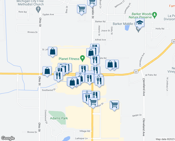 map of restaurants, bars, coffee shops, grocery stores, and more near 101 U.S. 20 in Michigan City