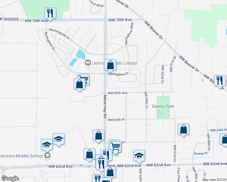 map of restaurants, bars, coffee shops, grocery stores, and more near 5707 Northwest 66th Avenue in Johnston