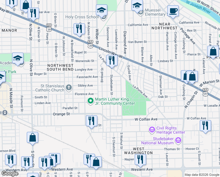 map of restaurants, bars, coffee shops, grocery stores, and more near 405 Studebaker Street in South Bend