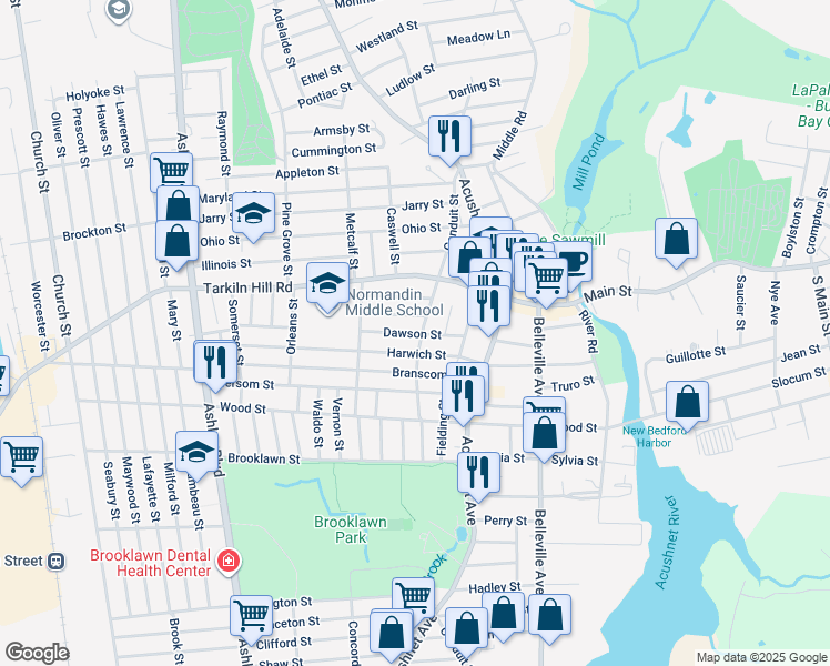 map of restaurants, bars, coffee shops, grocery stores, and more near 239 Harwich Street in New Bedford