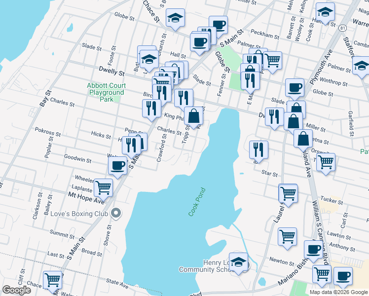 map of restaurants, bars, coffee shops, grocery stores, and more near 447 Kilburn Street in Fall River