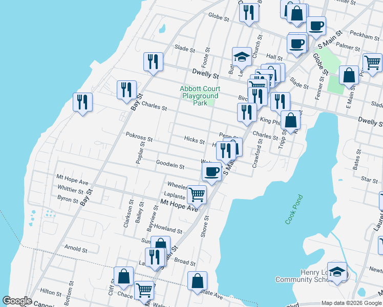map of restaurants, bars, coffee shops, grocery stores, and more near 252 Walter Street in Fall River