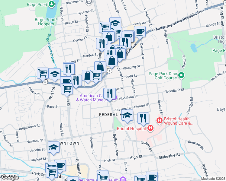 map of restaurants, bars, coffee shops, grocery stores, and more near 130 Maple Street in Bristol