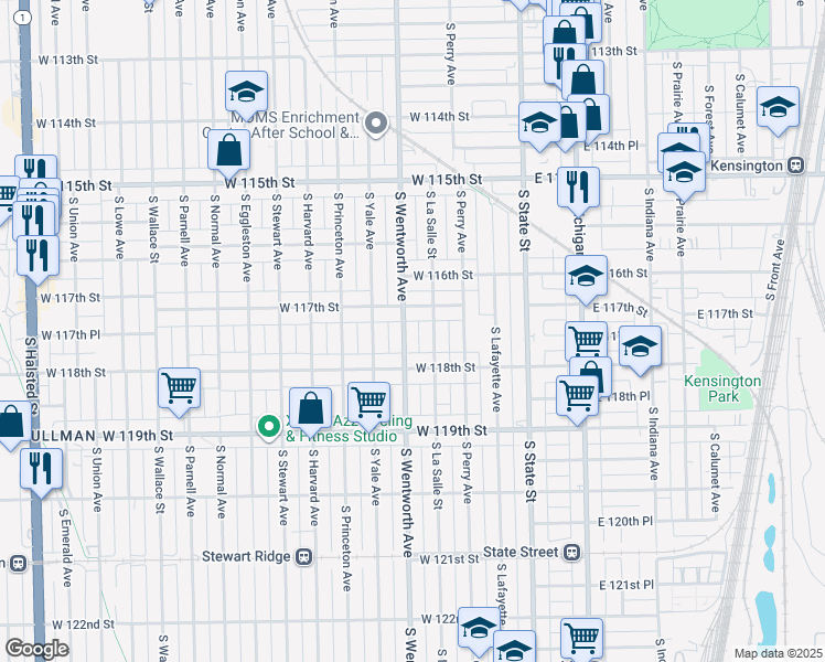 map of restaurants, bars, coffee shops, grocery stores, and more near 11739 South Wentworth Avenue in Chicago