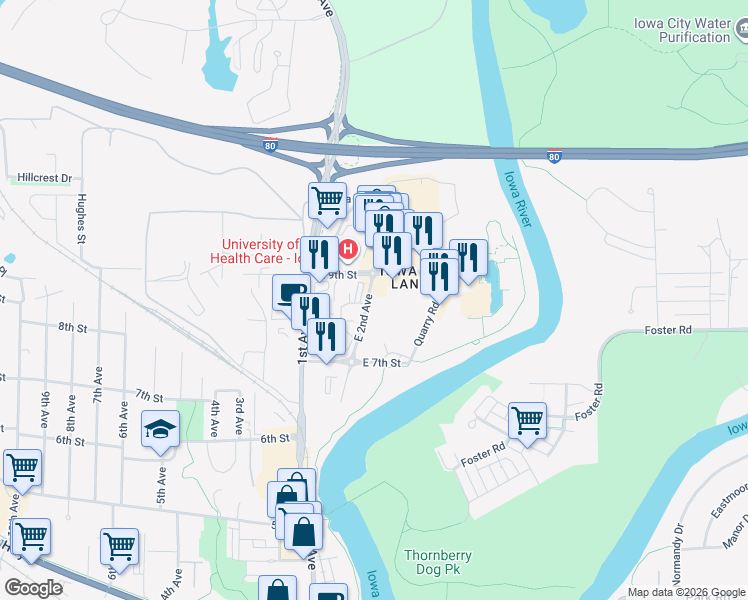map of restaurants, bars, coffee shops, grocery stores, and more near 725 E 2nd Ave in Coralville
