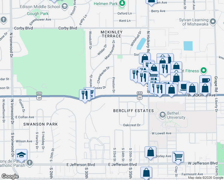 map of restaurants, bars, coffee shops, grocery stores, and more near 3001-3231 U.S. 20 Business in South Bend