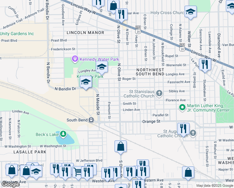 map of restaurants, bars, coffee shops, grocery stores, and more near 2422 Kenwood Avenue in South Bend