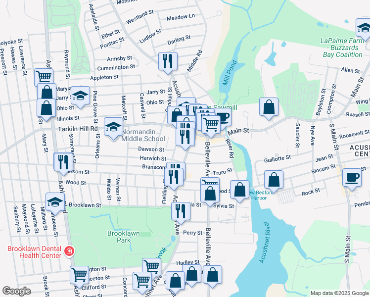 map of restaurants, bars, coffee shops, grocery stores, and more near 2135 Acushnet Avenue in New Bedford