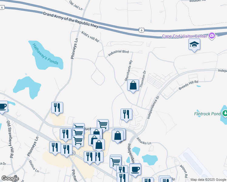 map of restaurants, bars, coffee shops, grocery stores, and more near Wilkens Lane in Barnstable