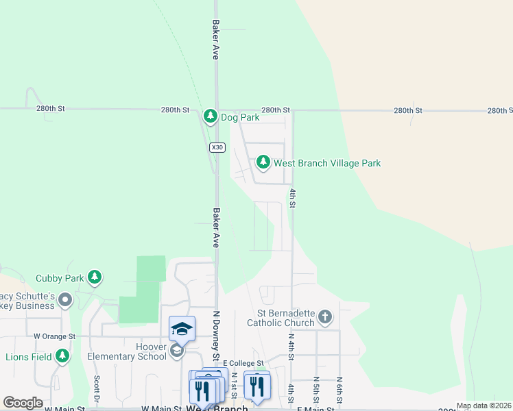map of restaurants, bars, coffee shops, grocery stores, and more near 115 Washington Boulevard in West Branch