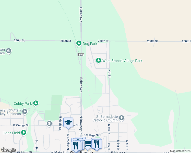 map of restaurants, bars, coffee shops, grocery stores, and more near 115 Washington Boulevard in West Branch