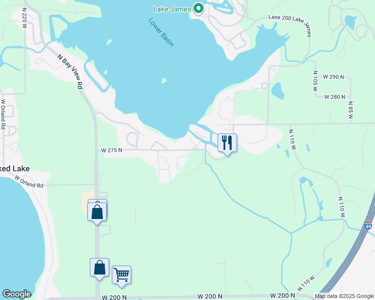 map of restaurants, bars, coffee shops, grocery stores, and more near 2 Ln 265 Lake James in Angola