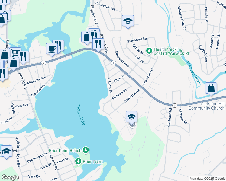map of restaurants, bars, coffee shops, grocery stores, and more near 55 Mohawk Street in Coventry