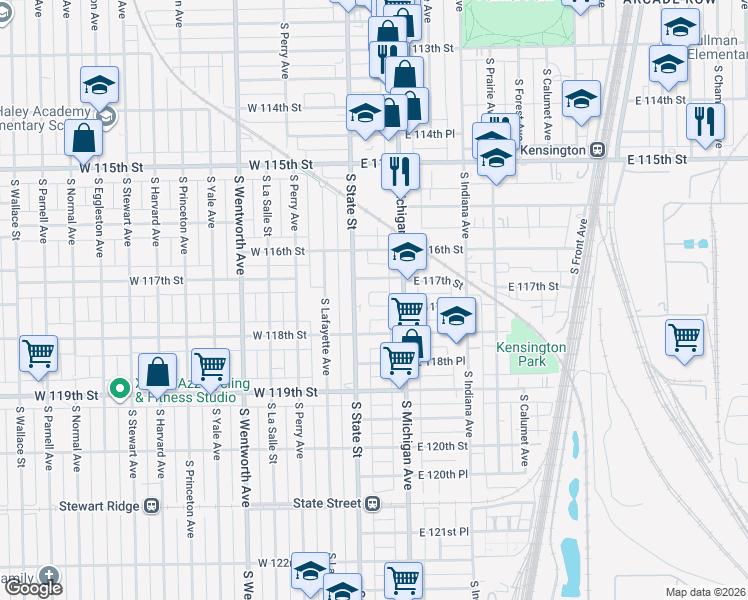 map of restaurants, bars, coffee shops, grocery stores, and more near 20 East 117th Place in Chicago